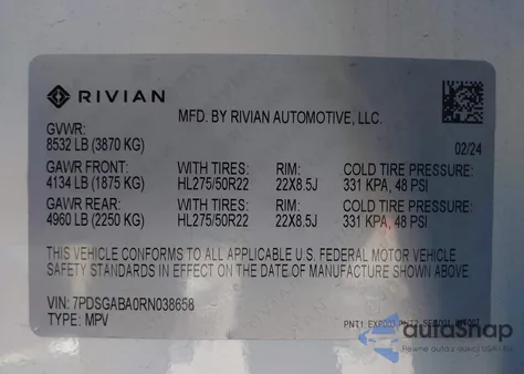 2024 Rivian R1S Adventure Quad Motor Large Pack z USA, uszkodzony, nr VIN 7PDSGABA0RN038658